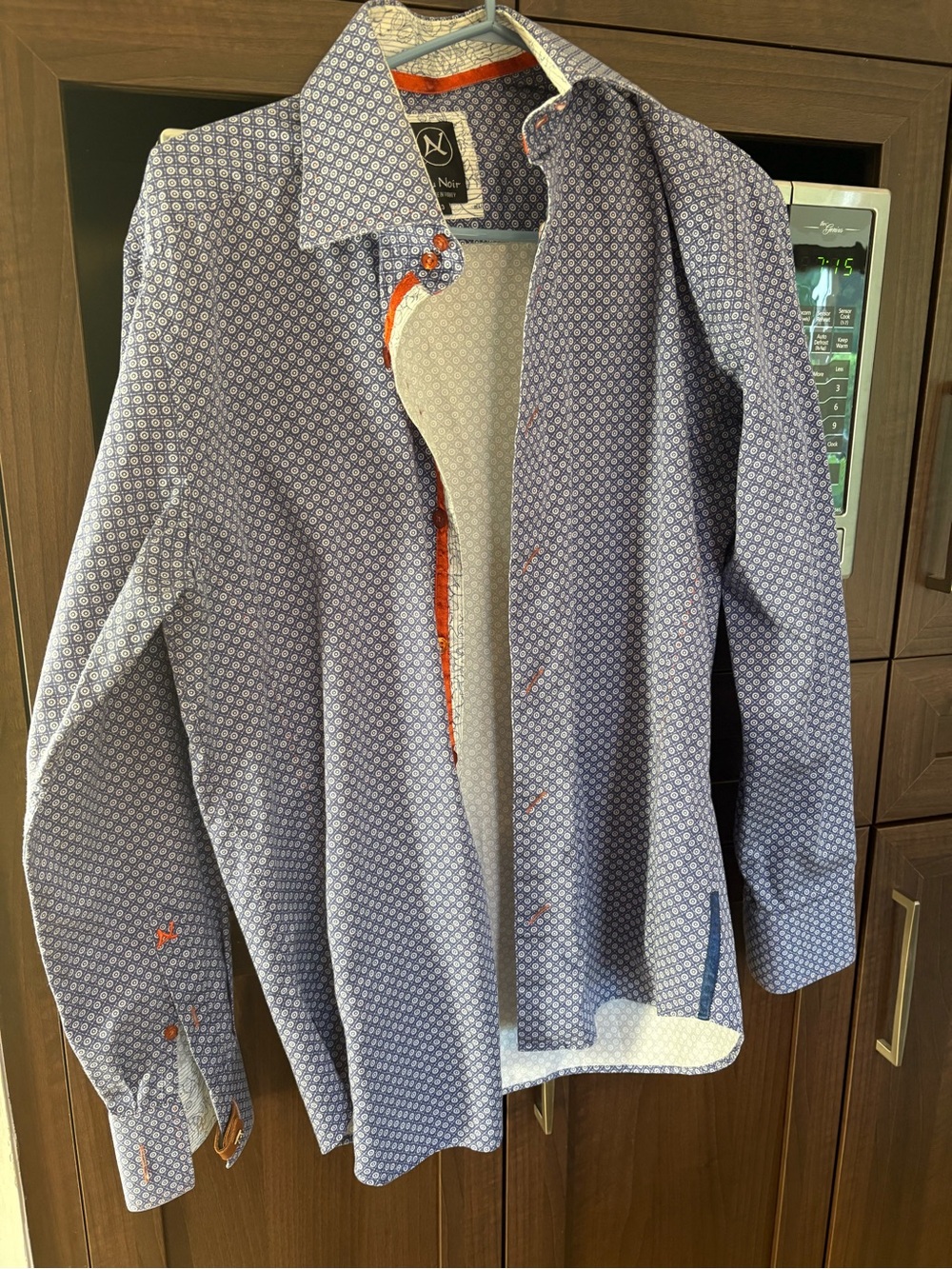 Au Noir Blue Geometric Print Men's Button-Down Shirt with Orange Trim